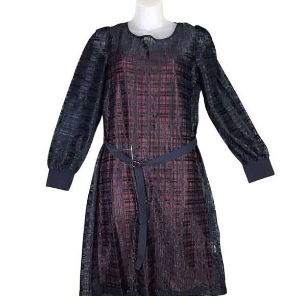 DKNY Women’s Size 4 Navy Lace Overlay Belted Party Cocktail Dress Long Sleeve - Picture 1 of 16